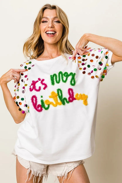 BiBi Metallic Letter Spangle Raglan Puff Sleeve Top
