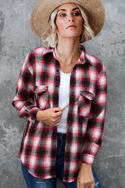 Oversized Plaid Shirt Jacket - Mid-Length Button Up Polyester Blend