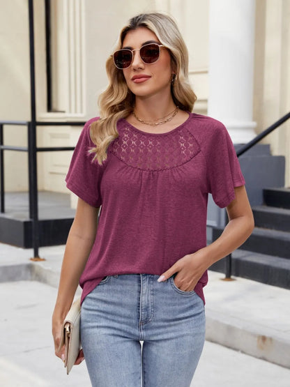 Lace Detail Round Neck Short Sleeve Blouse