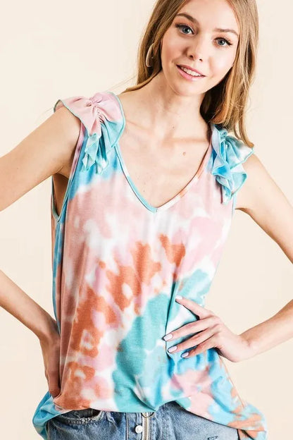 BiBi Circular Tie Dye Knit V Neck Top With Ruffle