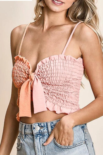 BiBi Woven Color Block Smocked with Ribbon Bra Top