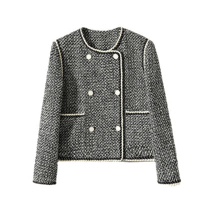 Black White Tweed Double-Breasted Cropped Blazer - Short Coat