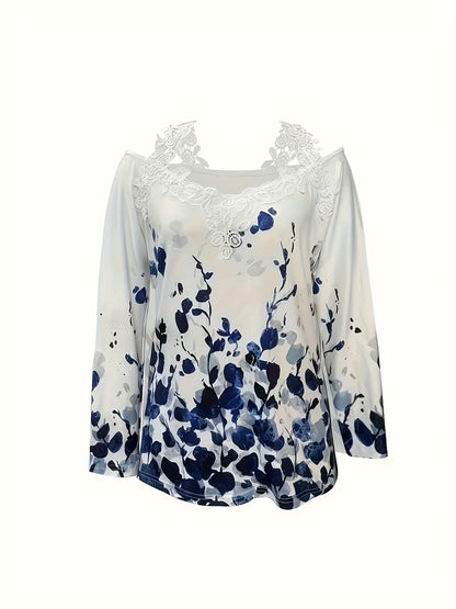 Watercolor Floral Off-Shoulder Lace Top - Navy White Long Sleeve
