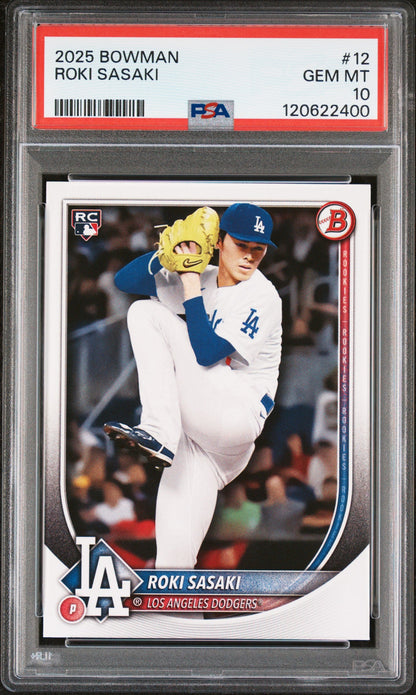 Graded 2025 Topps Bowman Roki Sasaki #12 Rookie RC Baseball Card PSA 10 Gem Mint