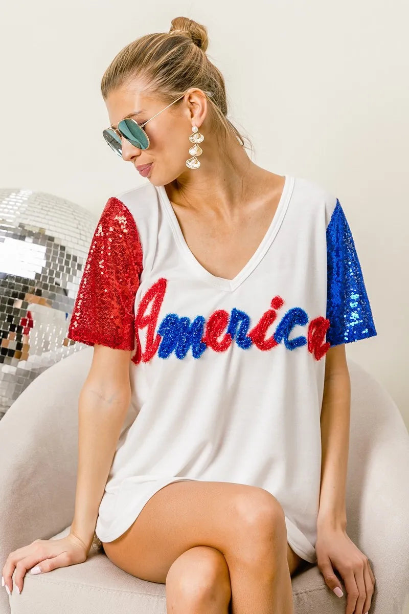 BiBi Metallic Letter V-neck Sequin Sleeves Top