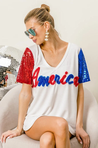 BiBi Metallic Letter V-neck Sequin Sleeves Top