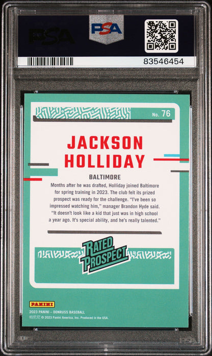 Graded 2023 Panini Donruss Jackson Holliday #76 Rookie RC Baseball Card PSA 10 Gem Mint