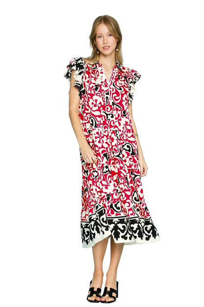 Printed Ruffled Cap Sleeve Midi Dress