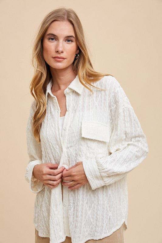 Annie Wear Openwork Button Down Drop Shoulder Shirt #3