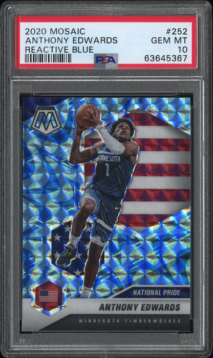 Graded 2020 Panini Mosaic Anthony Edwards #252 Reactive Blue Rookie RC Basketball Card PSA 10 Gem Mint