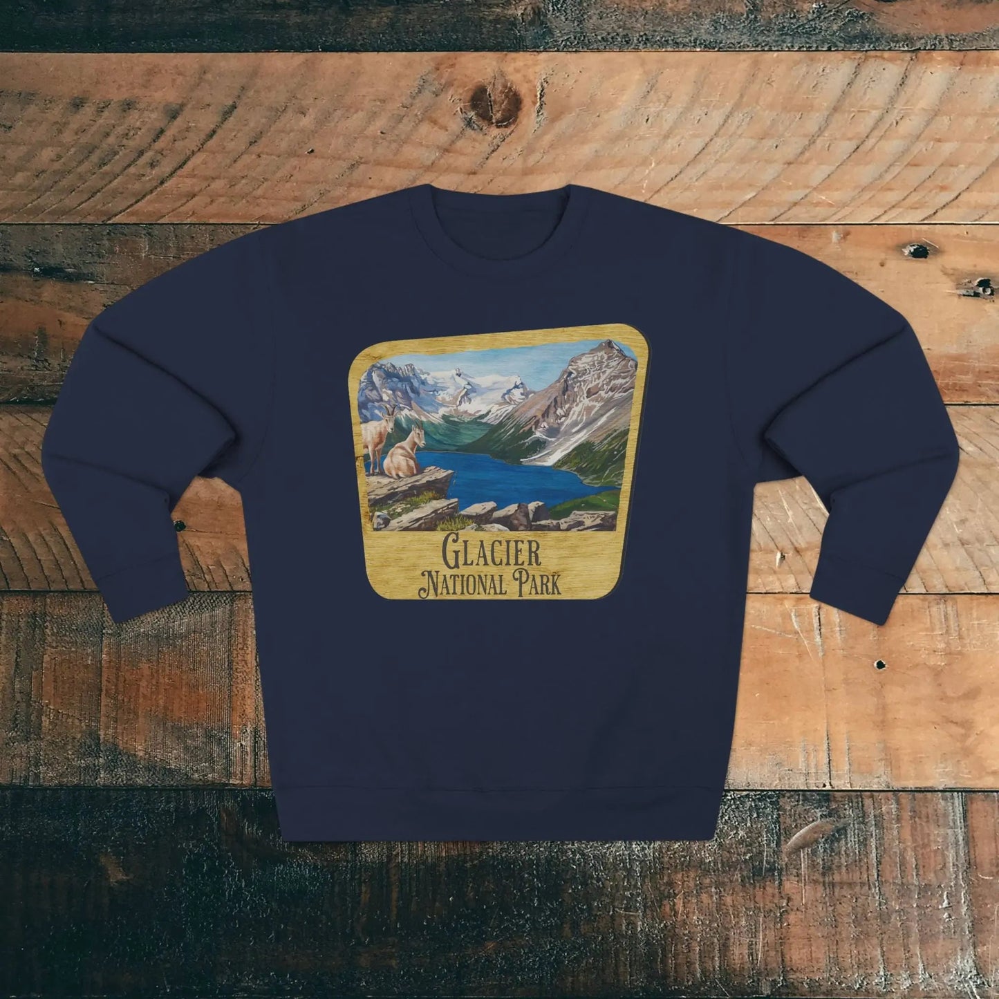 Glacier National Park Unisex Fit Crewneck Sweatshirt Wood Sign Lake View