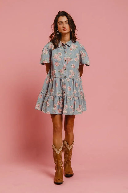 BiBi Floral Print Washed Lightweight Tiered Shirt Dress