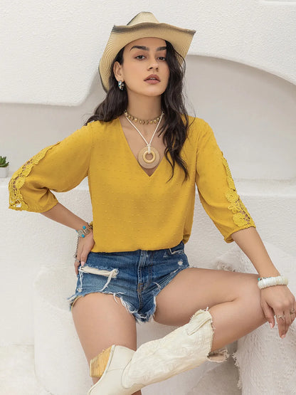V-Neck Lace Three-Quarter Sleeve Top
