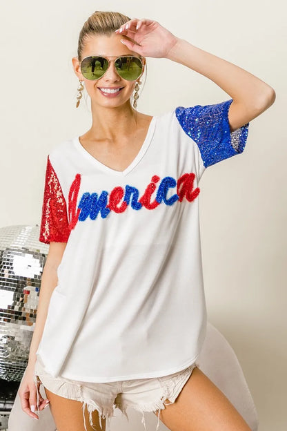 BiBi Metallic Letter V-neck Sequin Sleeves Top