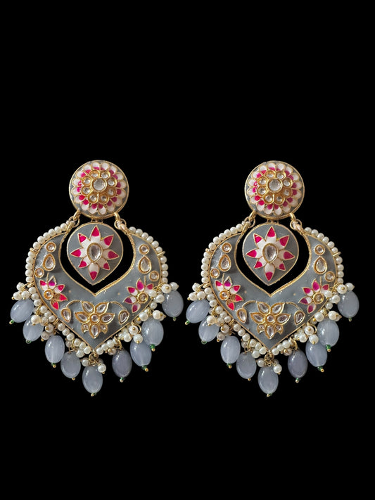 DER800 large sized kundan earrings- Grey ( READY TO SHIP )