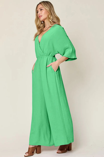 Full Size Surplice Wide Leg Jumpsuit with Pockets