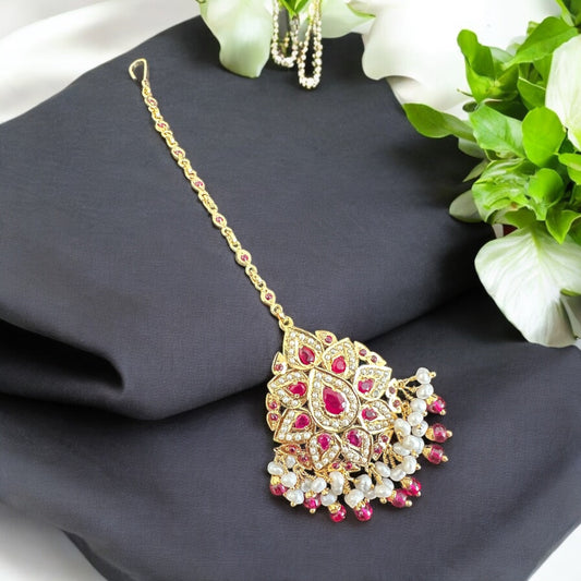 Gold plated silver jadau tikka in pearls and rubies ( SHIPS IN 5 WEEKS )
