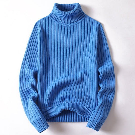 Ribbed Turtleneck Sweater - Blue Knit Slim Fit Winter Pullover
