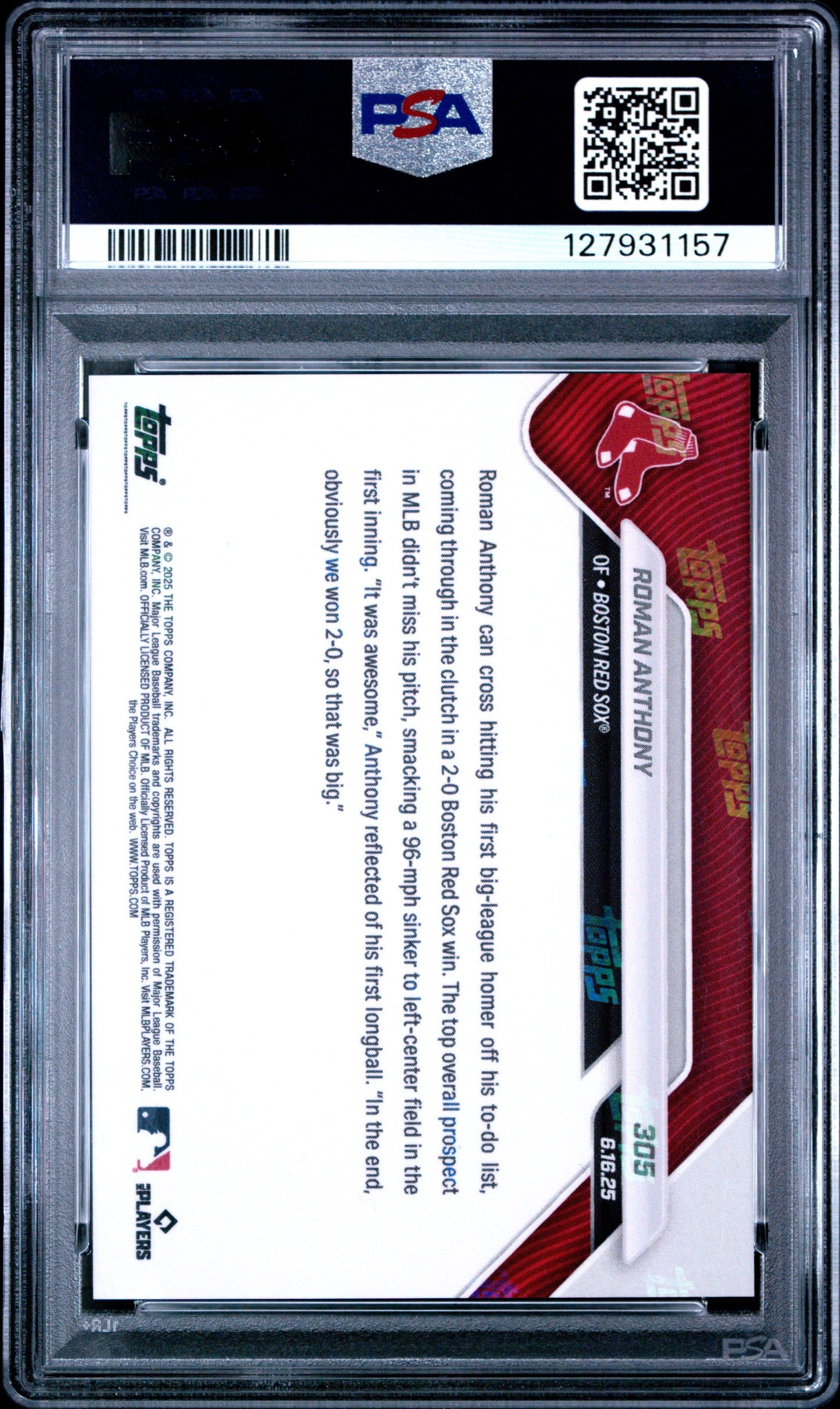 Graded 2025 Topps Now Roman Anthony #305 Rookie RC Baseball Card PSA 10 Gem Mint
