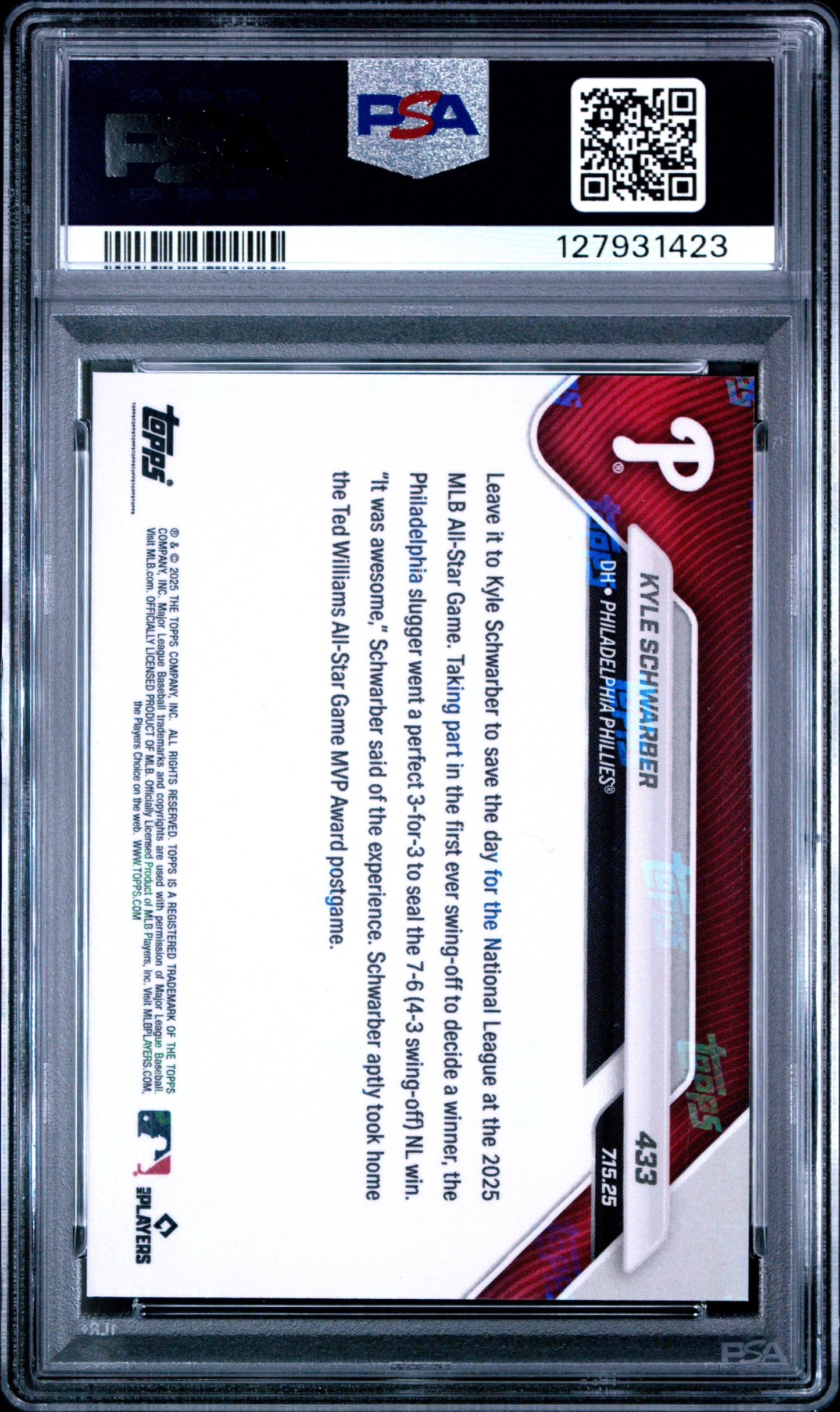 Graded 2025 Topps Now Kyle Schwarber #433 Baseball Card PSA 10 Gem Mint