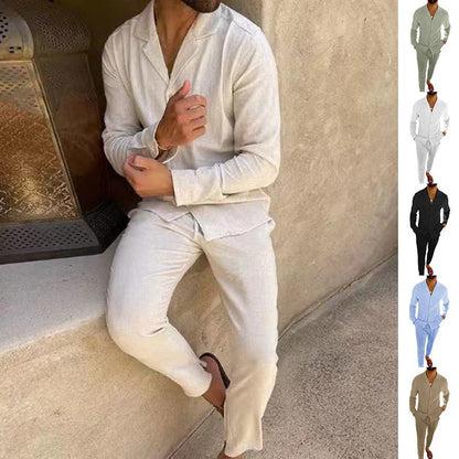 Men's Cotton Long Sleeve Lapel Shirt & Slim Fit Pants Set
