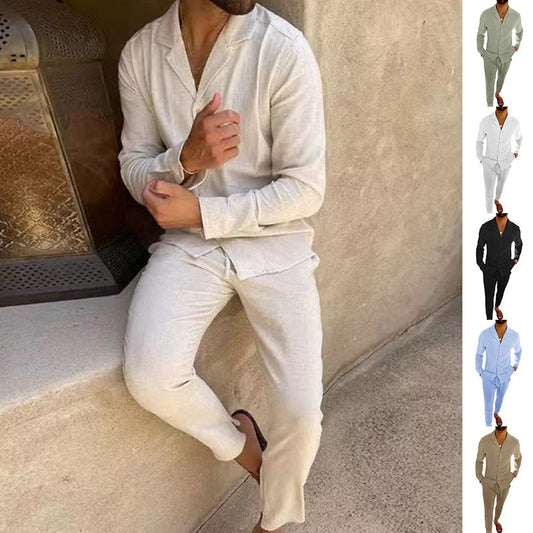 Men's Cotton Long Sleeve Lapel Shirt & Slim Fit Pants Set