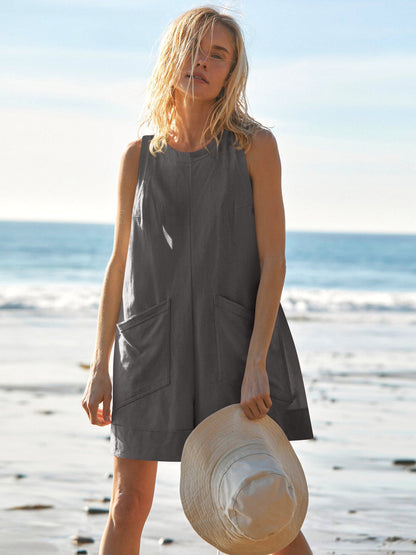 Cotton Sleeveless Pocket Jumpsuit - Loose Fit Wide Waist Romper