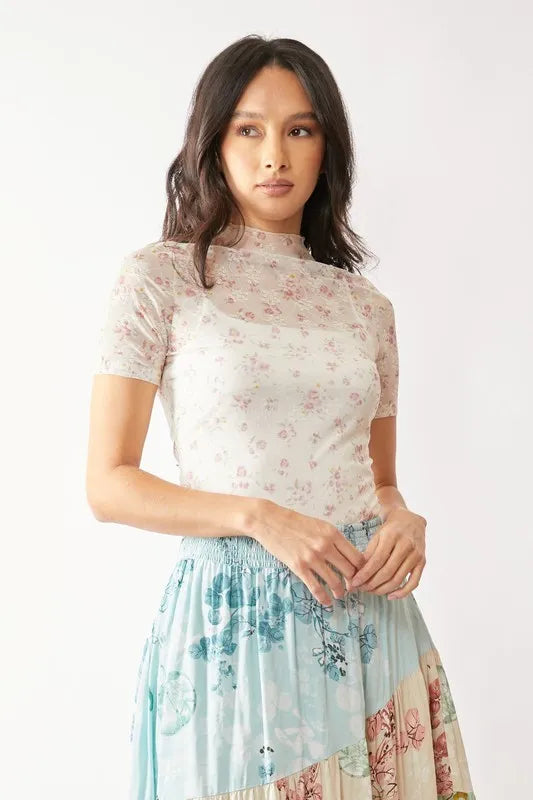 Davi & Dani Floral Mesh Mock Neck Short Sleeve Top
