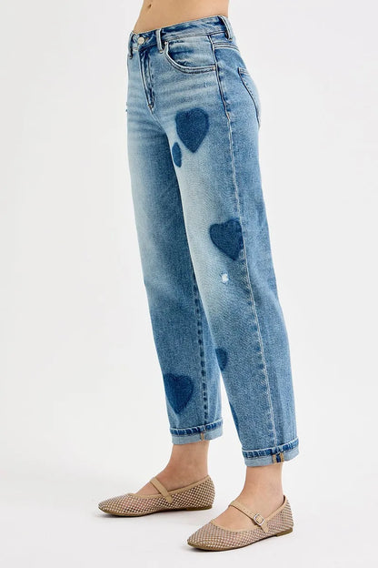 RISEN Full Size Mid Rise Fit-boyfriend Heart Shade Jeans Plus Size