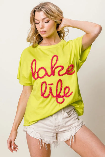 BiBi Metallic Letter Short Dolman Sleeve Top