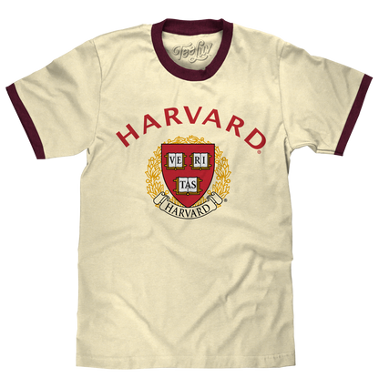 Harvard University Veritas Ringer T-Shirt - Natural Beige and Maroon