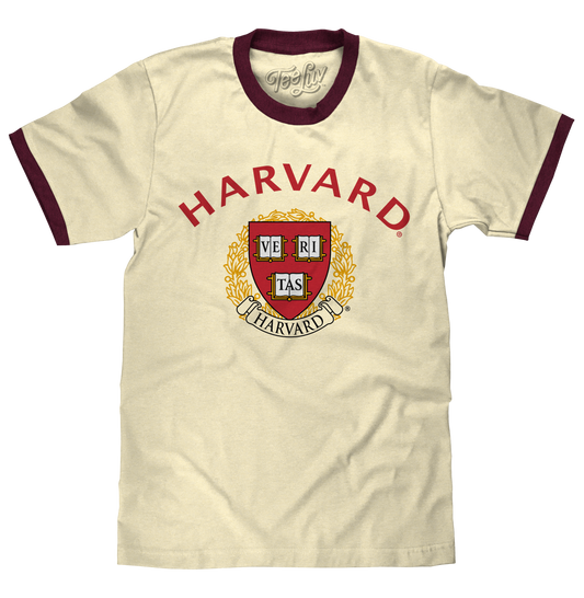 Harvard University Veritas Ringer T-Shirt - Natural Beige and Maroon