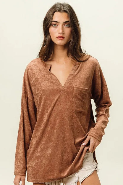 BiBi Loop Terry Solid V Neck Pocket Top