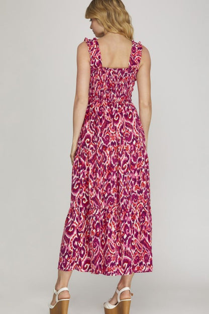 She Sky Full Size Smocked Printed Wide Strap Tiered Dress Plus Size