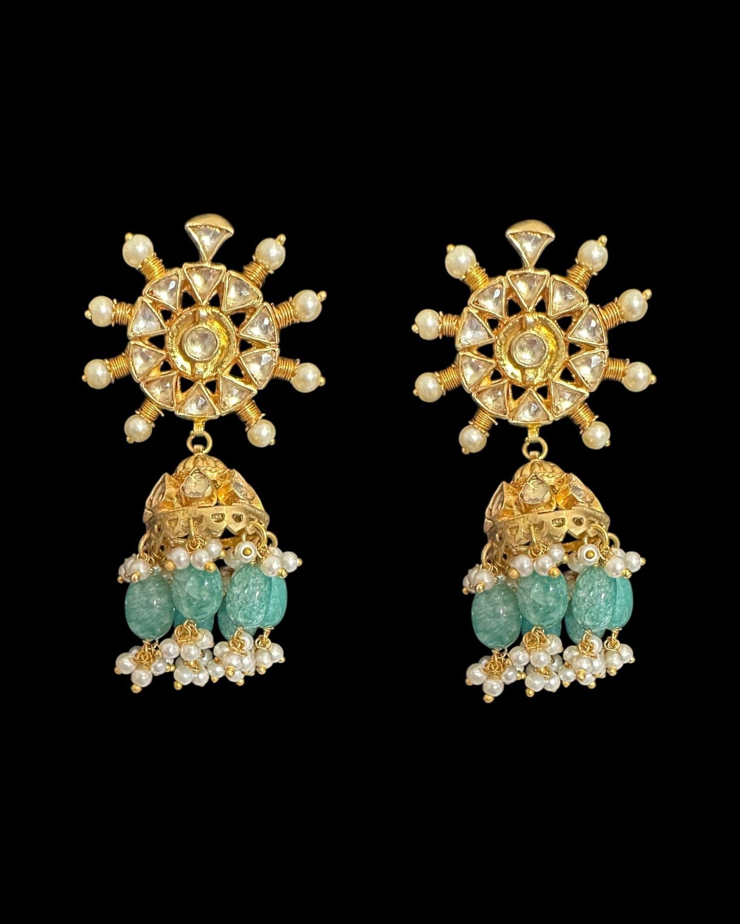 DER812 Pachi kundan jhumka with green beads  (READY TO SHIP )