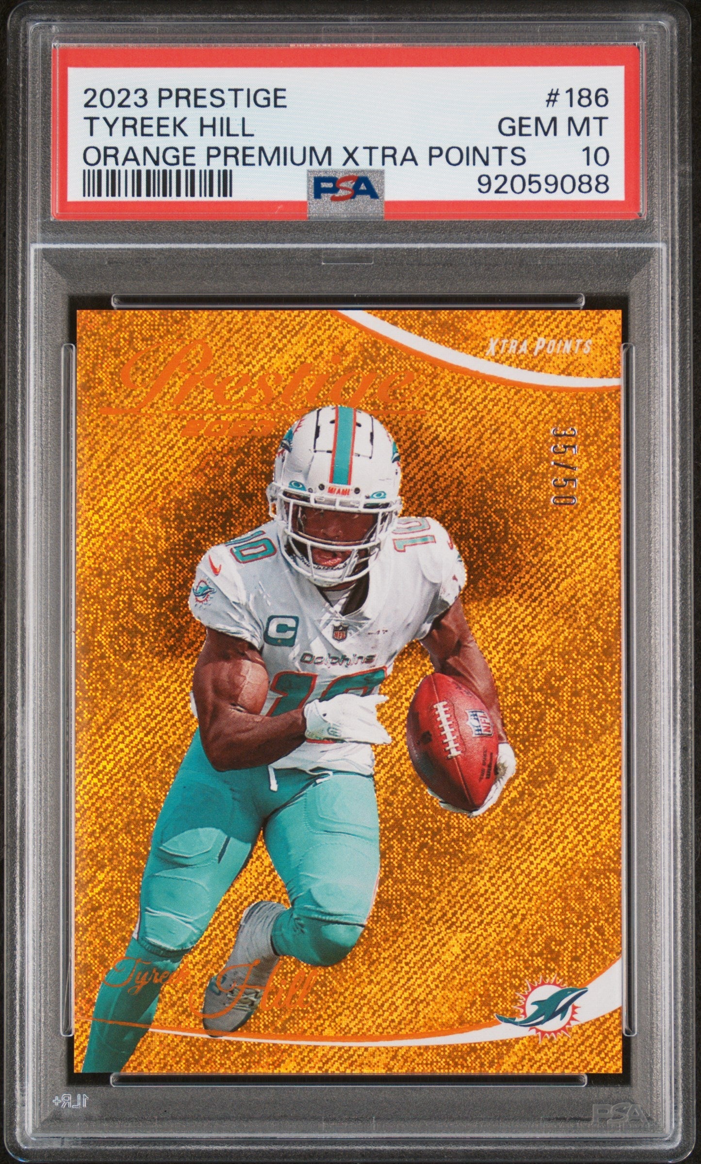 Graded 2023 Panini Prestige Tyreek Hill #186 Orange Premium Xtra Points #/50 Football Card PSA 10 Gem Mint