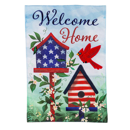 Patriotic Birdhouse Welcome Linen Garden Flag