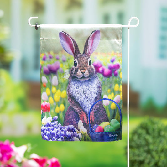 Bunny in Tulip Field Lustre Garden Flag