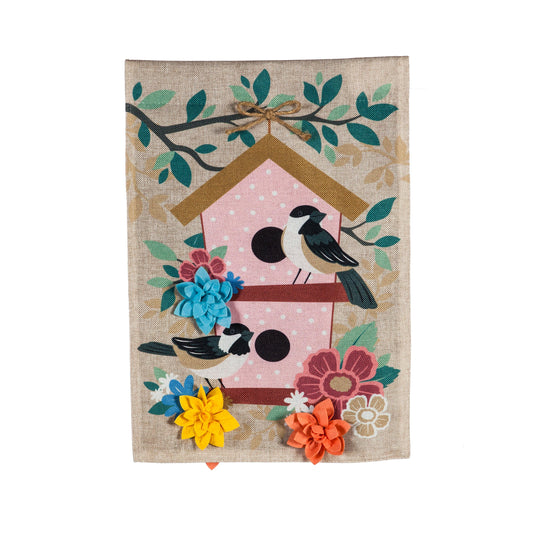 Chickadee Dot Birdhouse Garden Burlap Flag