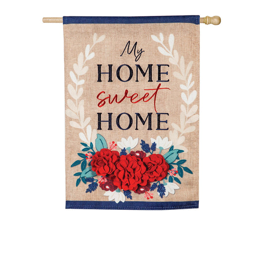 Patriotic Floral Home Sweet Home House Burlap Flag