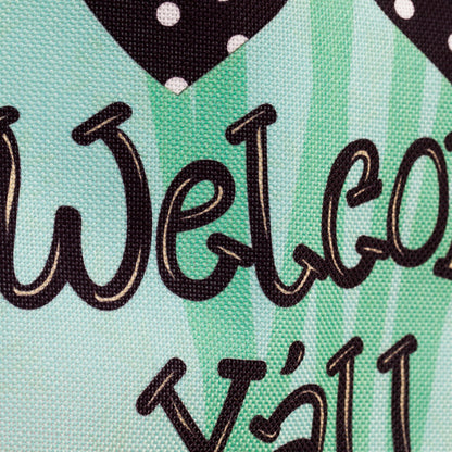 Welcome Y'all Polka Dot Flowers Garden Burlap Flag and Sassafras Mat Set (14B4181ECM+431272)