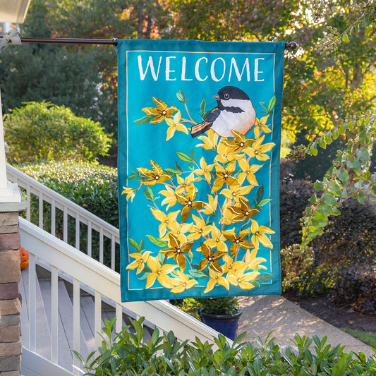 Forsythia and Chickadee Estate Size Embellished Burlap Flag