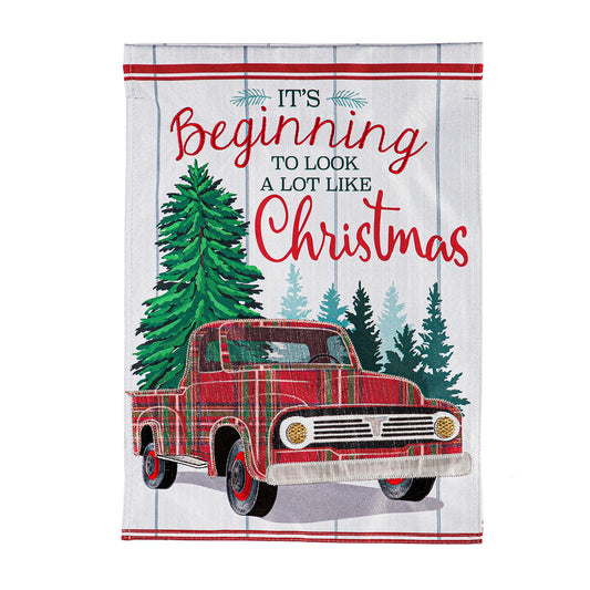 Plaid Christmas Truck House Linen Flag