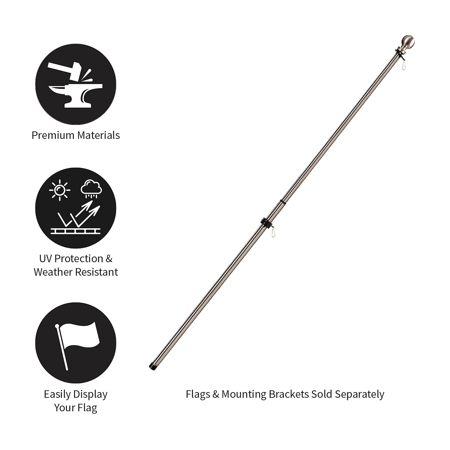 Extendable Metal House Flag Pole, Silver