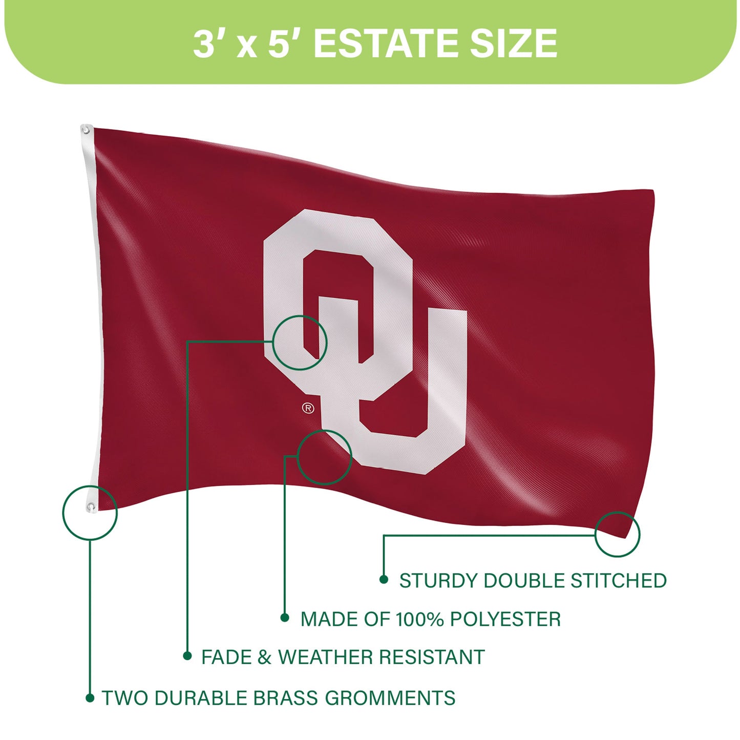 University of Oklahoma Single Sided Estate Flag with 2 Grommets, 3'x5'