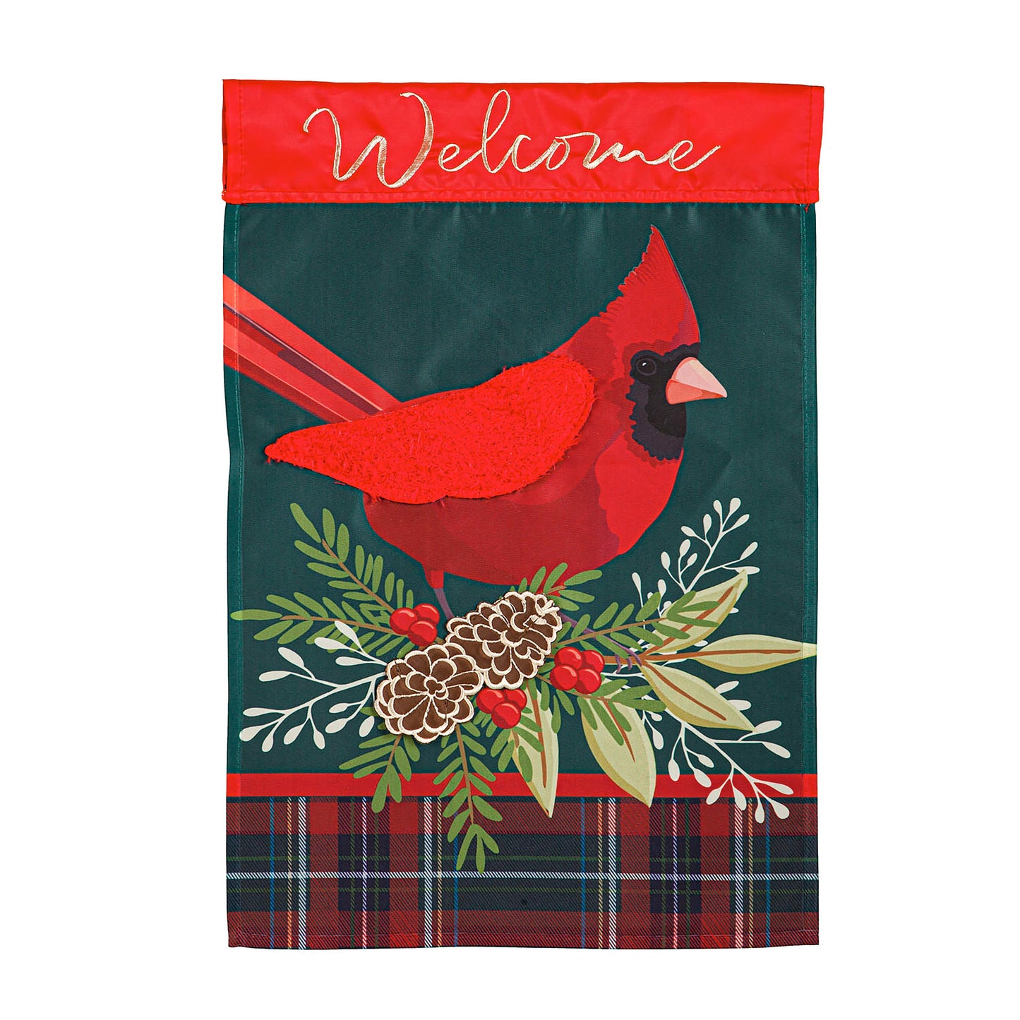 Plaid Cardinal Garden Applique Flag