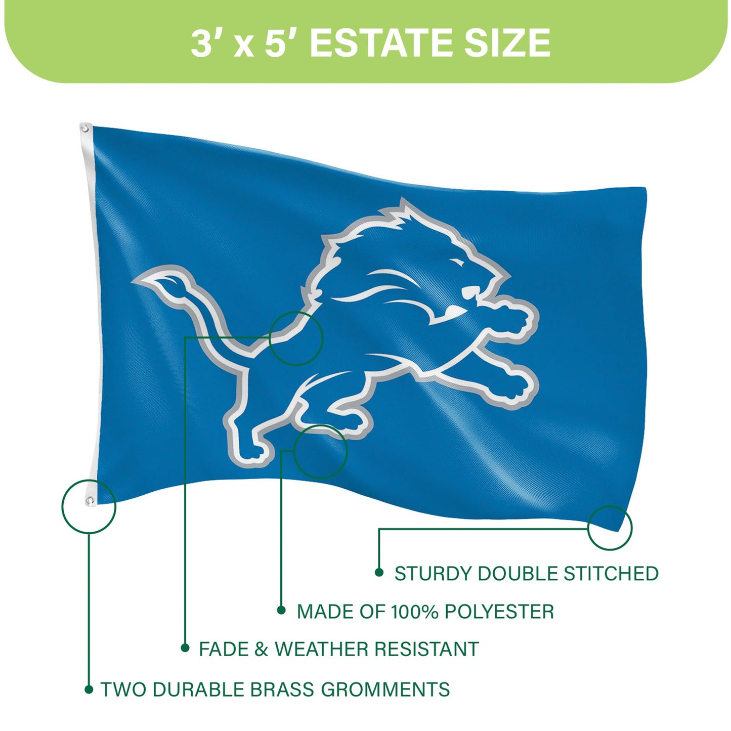 Detroit Lions Single Sided Flag w/ 2 Grommets, 3'x5'