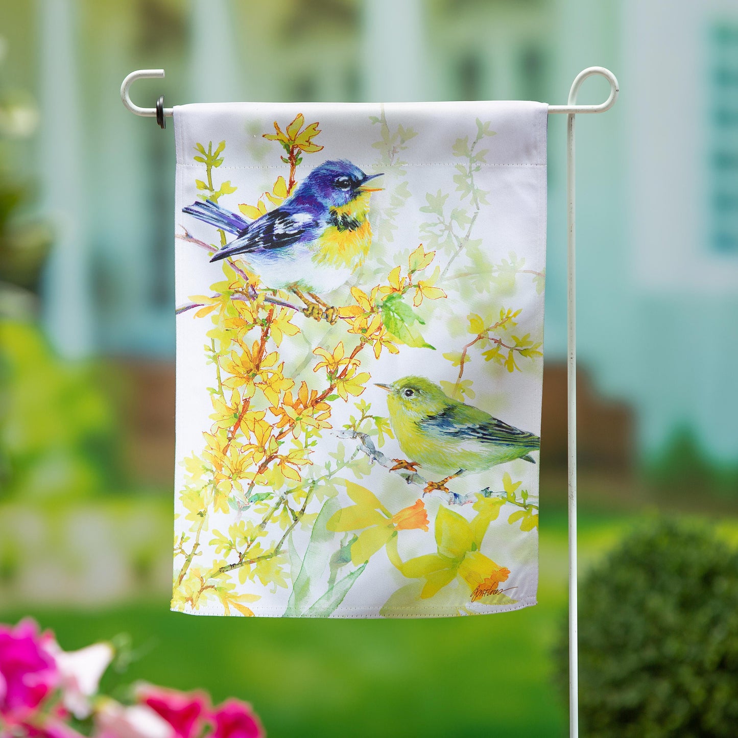 Birds and Forsythia Suede Garden Flag