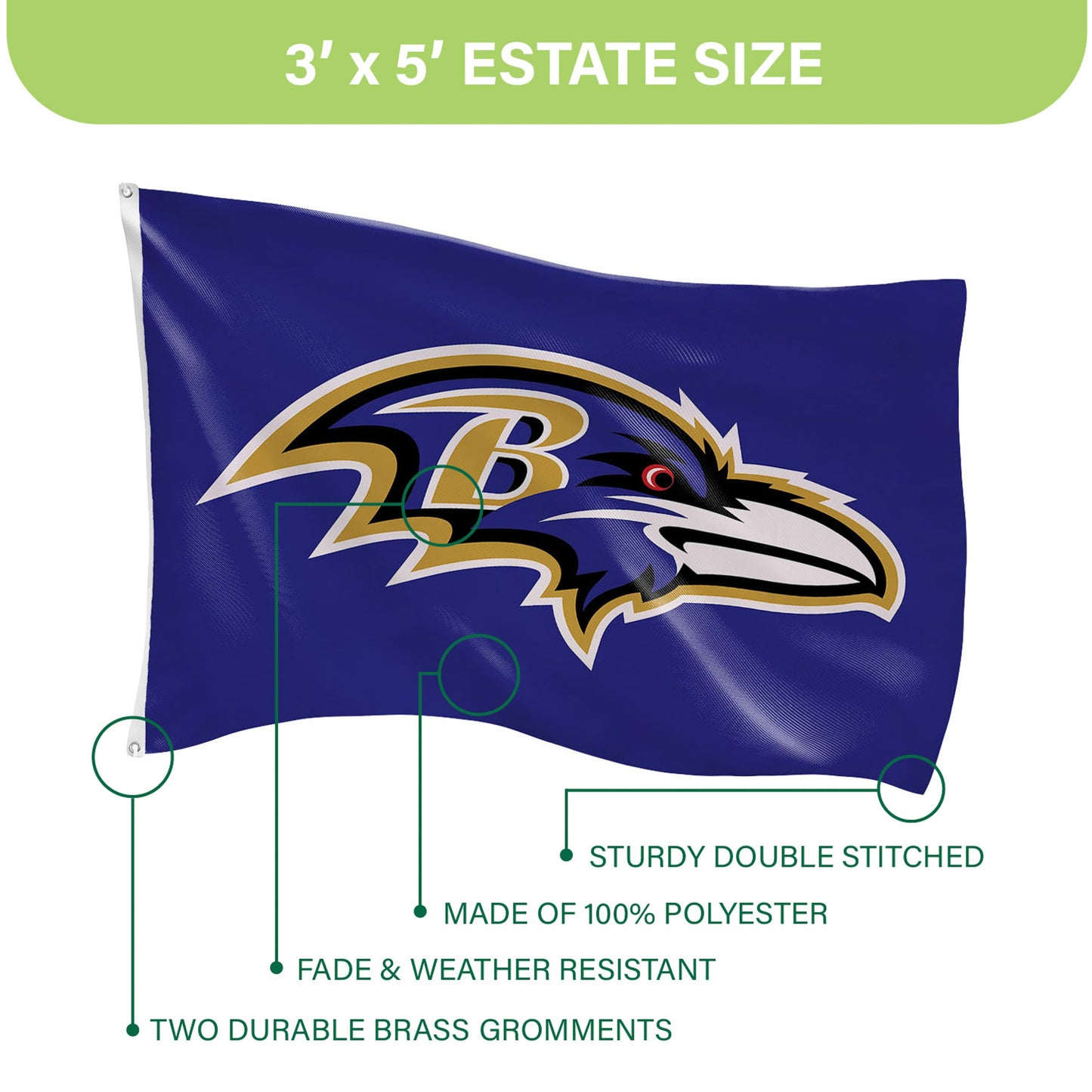 3'x5' Single Sided Flag w/ 2 Grommets, Baltimore Ravens