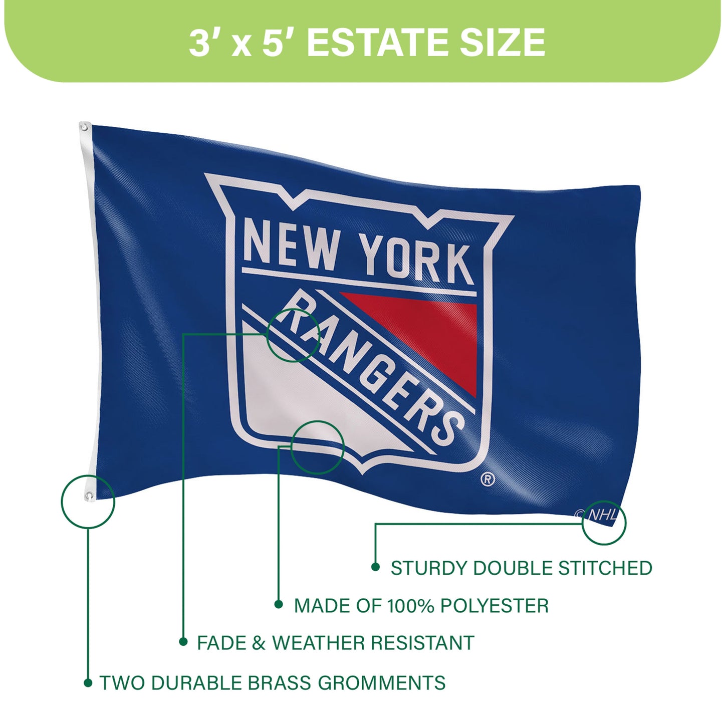 New York Rangers Single Sided Flag with 2 Grommets, 3'x5'